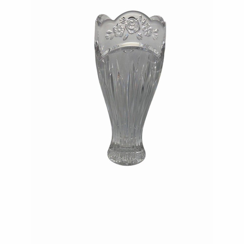 Oneida Cut Glass Flower Vase Clear Scalloped Rim Floral Etched 10 Inch
